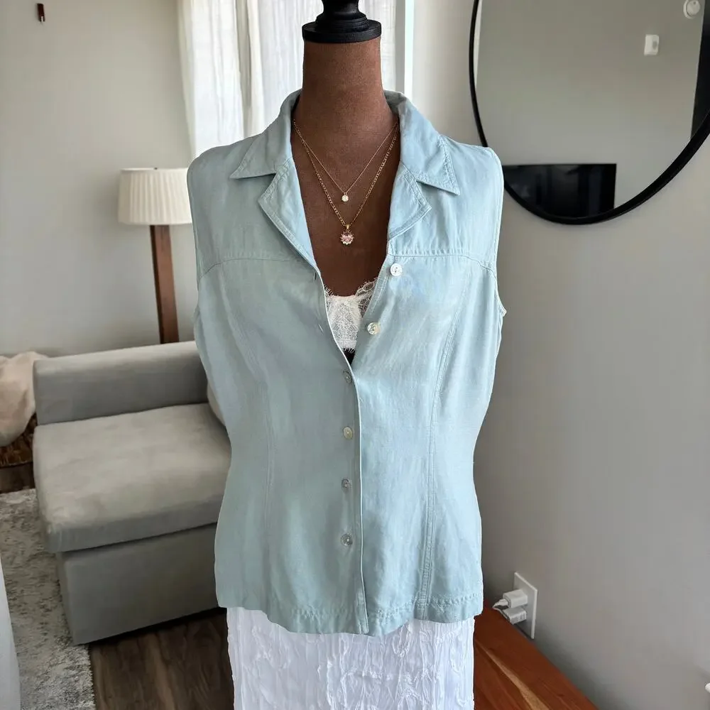90s Vintage Anne Brooks Petite Linen Blend Sleeveless Button Up Blouse Size 14 - Picture 2 of 12